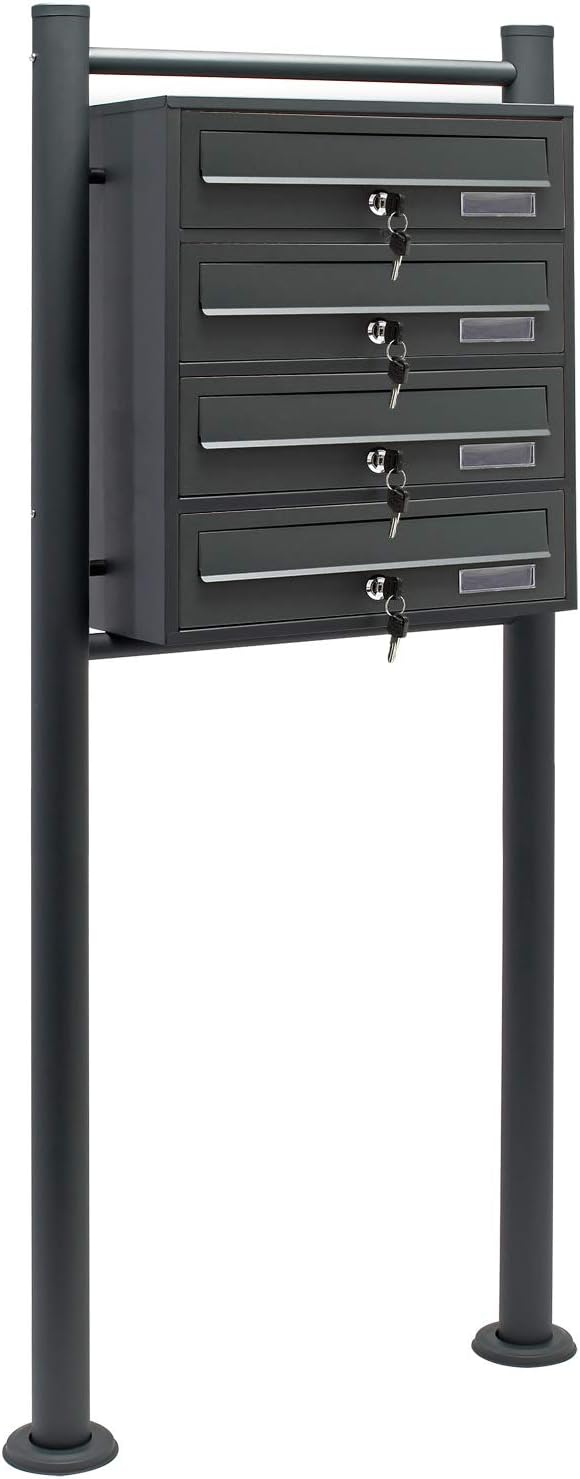 Wiltec 4er Briefkastenanlage Anthrazit 270 x 513 x 1500 mm, Standbriefkasten mit 4 Fächern, Schlüsse