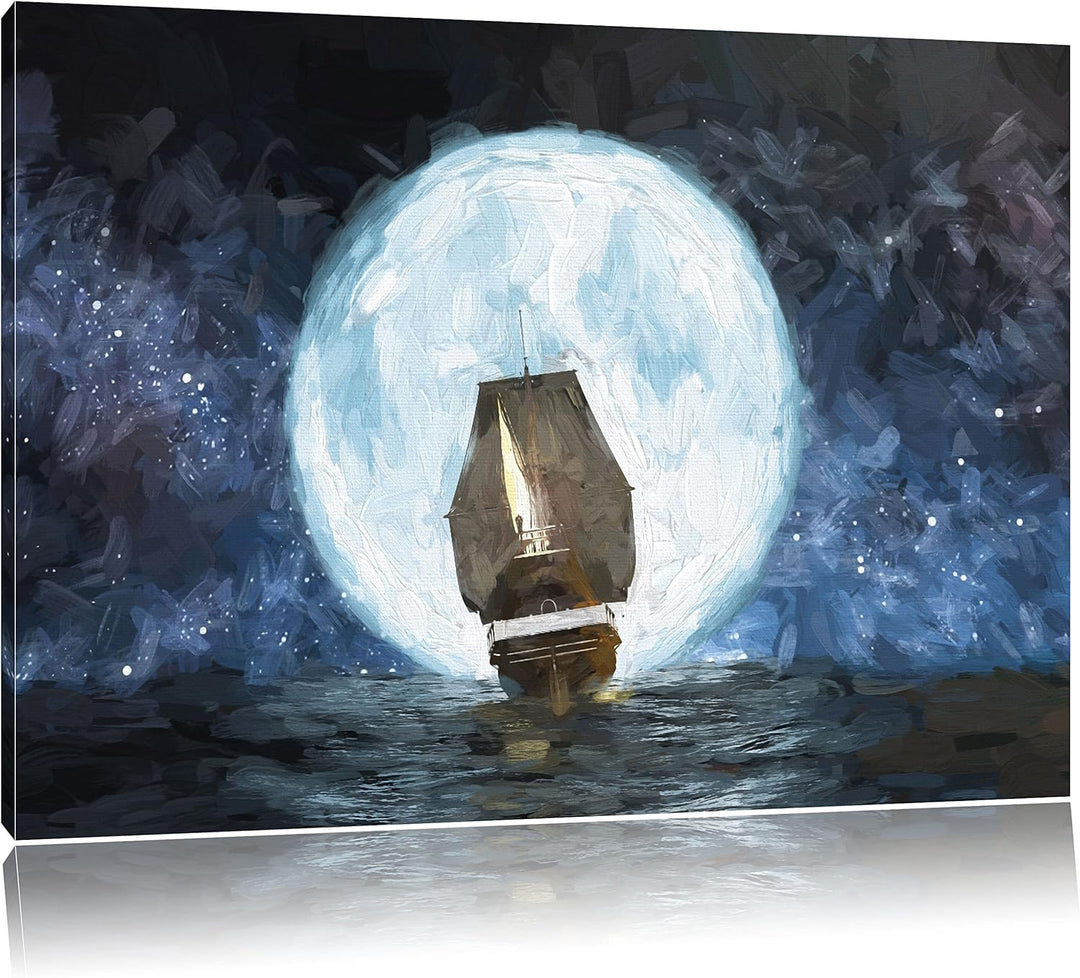 Pixxprint Segelschiff bei Vollmond Kunst Pinsel Effekt, Format: 100x70 auf Leinwand, XXL riesige Bil