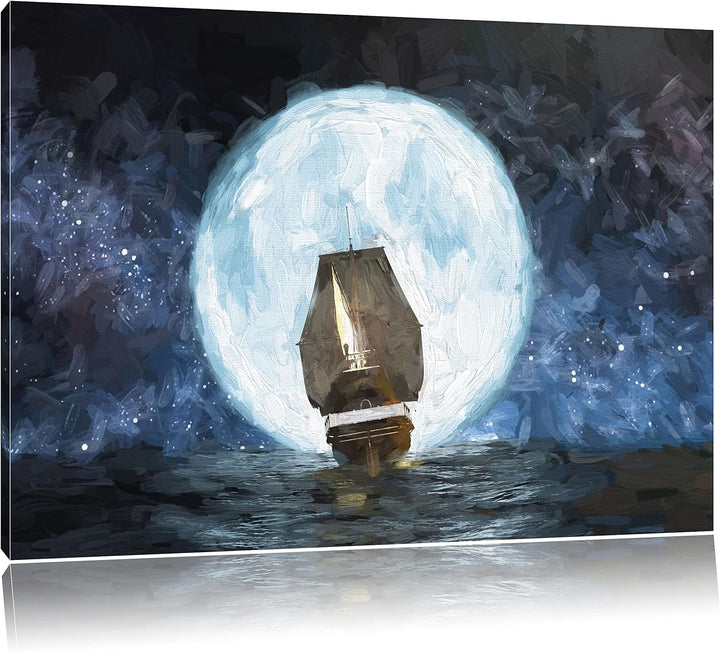 Pixxprint Segelschiff bei Vollmond Kunst Pinsel Effekt, Format: 100x70 auf Leinwand, XXL riesige Bil