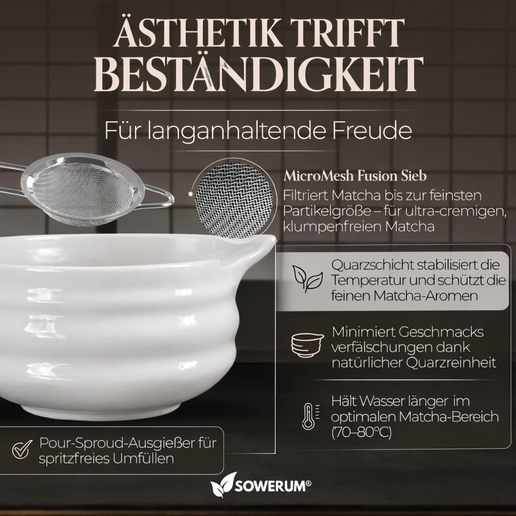 Matcha Set Weiss 5-teilig Schale mit Ausgiesser und [EXTRA ROBUSTEM] Matchabesen Spülmaschinenfest M