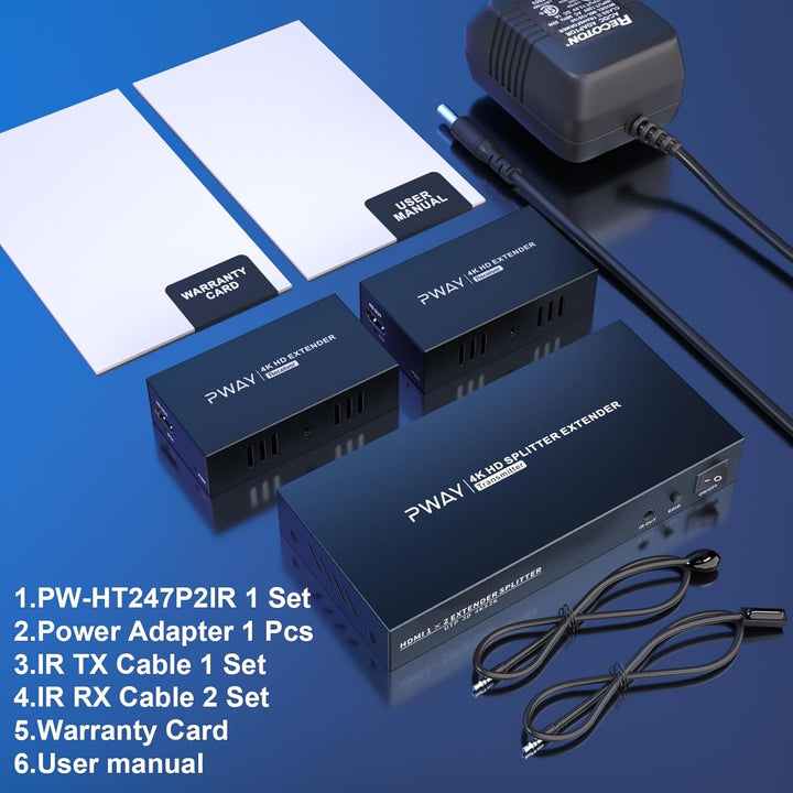 PW-HT246P2IR HDMI Extender Splitter 1x2 Port 60m/196ft von Cat5e/Cat6/CAT7-Kabelunterstützung 4K@60H