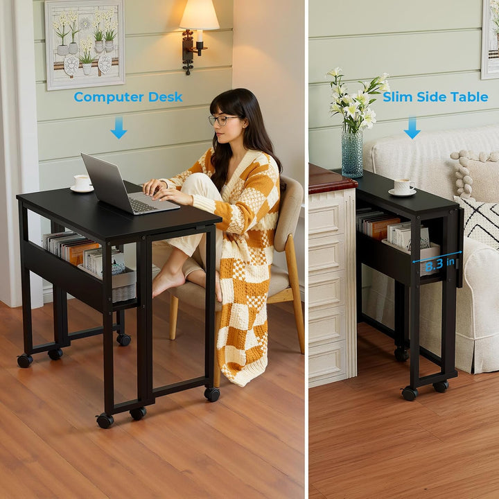 GreenForest Kleiner Schreibtisch Klappbar, 63 cm Klappschreibtisch mit Rollen, Einfache Montage Klap