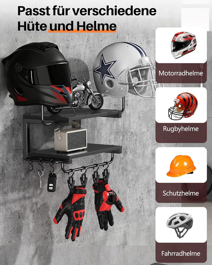 Motorradhelm Halterung Wand für 2 Helme, Motorrad Garderobe Wand mit Kleiderbügel und Haken, 30 kg T