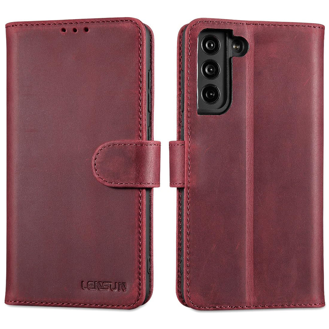 LENSUN Echtleder Hülle für Samsung Galaxy S21 FE, Handyhülle [Premium Echtes Leder][Kartenfach][RFID