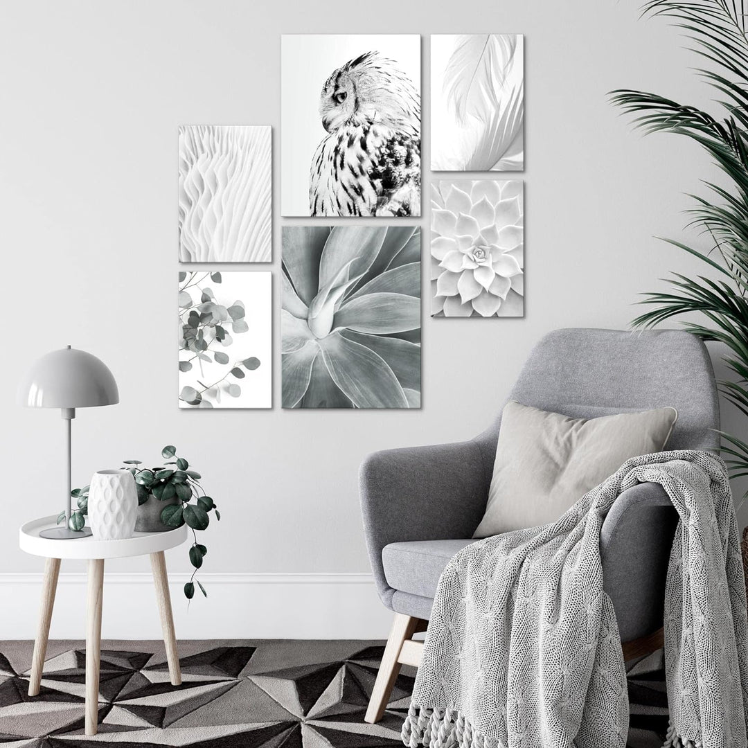 Novart Bilder Set - AUFHÄNGFERTIG - KEIN EXTRA RAHMEN BENÖTIGT - Boho Eule Modern Schwarz Weiss - Wo