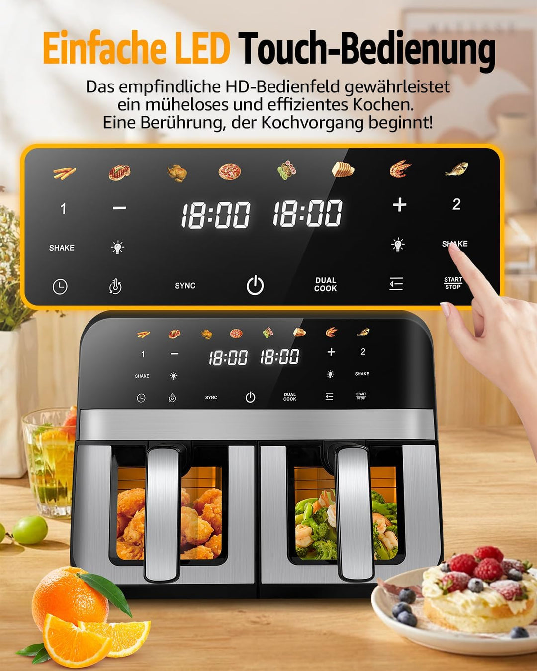 9L XXL Doppelkammer Heissluftfritteuse mit 2 Körben, 8 Programmen & Smart Finish – Dual Zone Airfrye