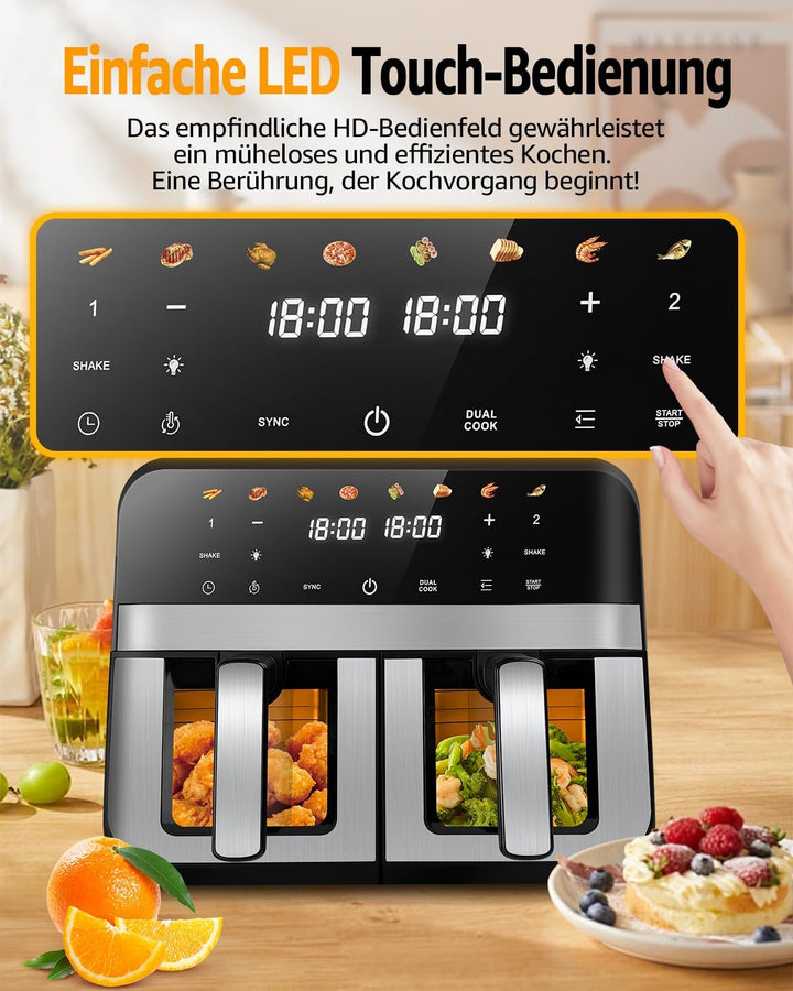 9L XXL Doppelkammer Heissluftfritteuse mit 2 Körben, 8 Programmen & Smart Finish – Dual Zone Airfrye