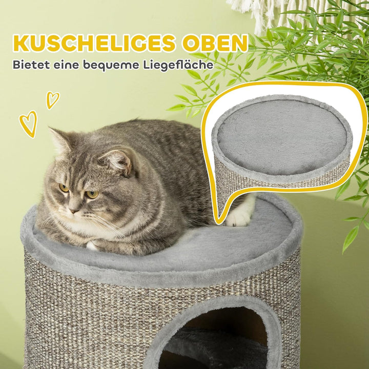 PawHut Kratztonne 70 cm Hoch Ø 38 cm dreistöckige Katzentonne mit Plüschrand, Katzenhöhle, Kratzbaum