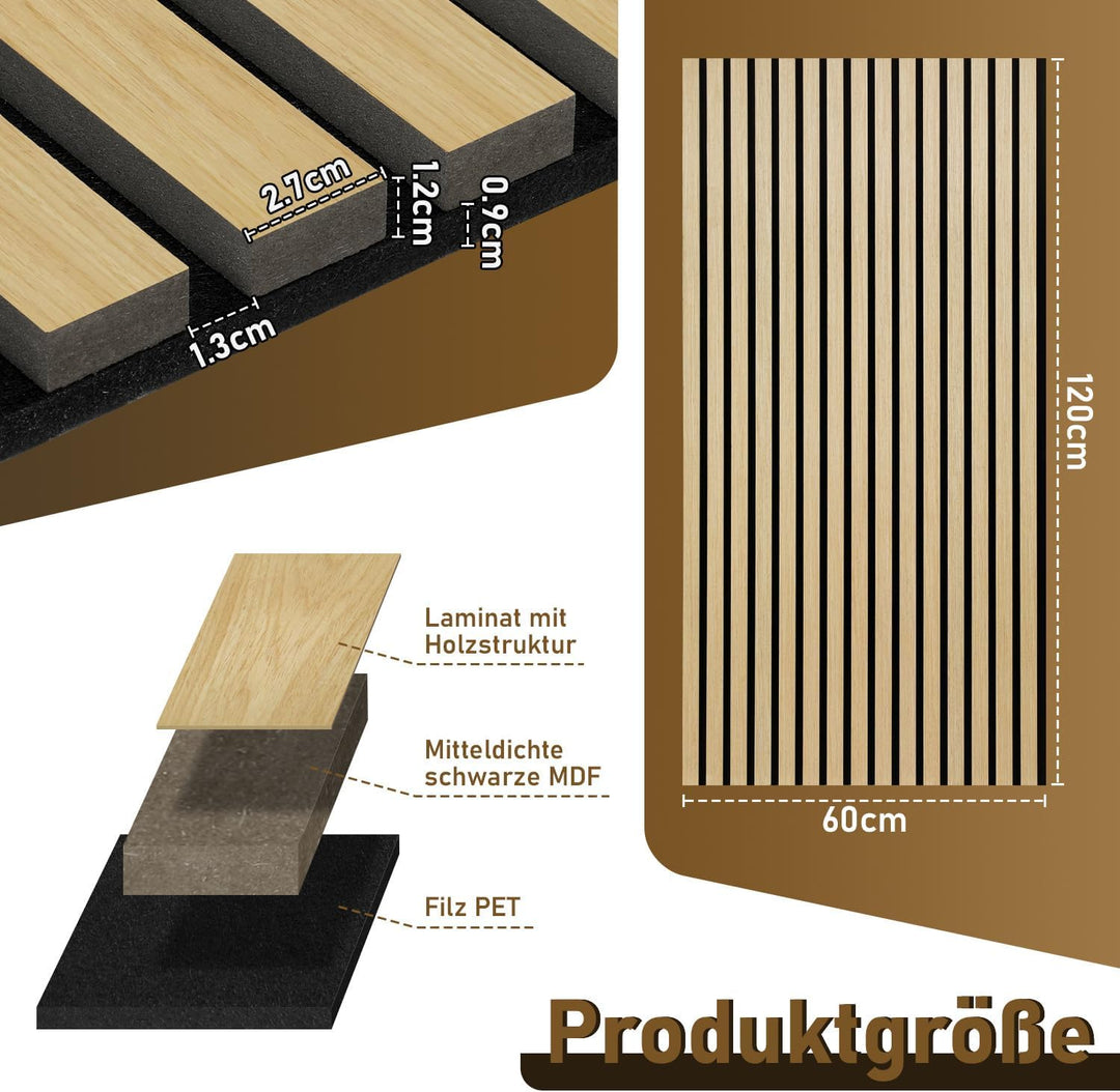 Akustikpaneele Holz 120x60 cm, Schallabsorbierende Wandverkleidung mit Holzfurnier & Filz – Modernes