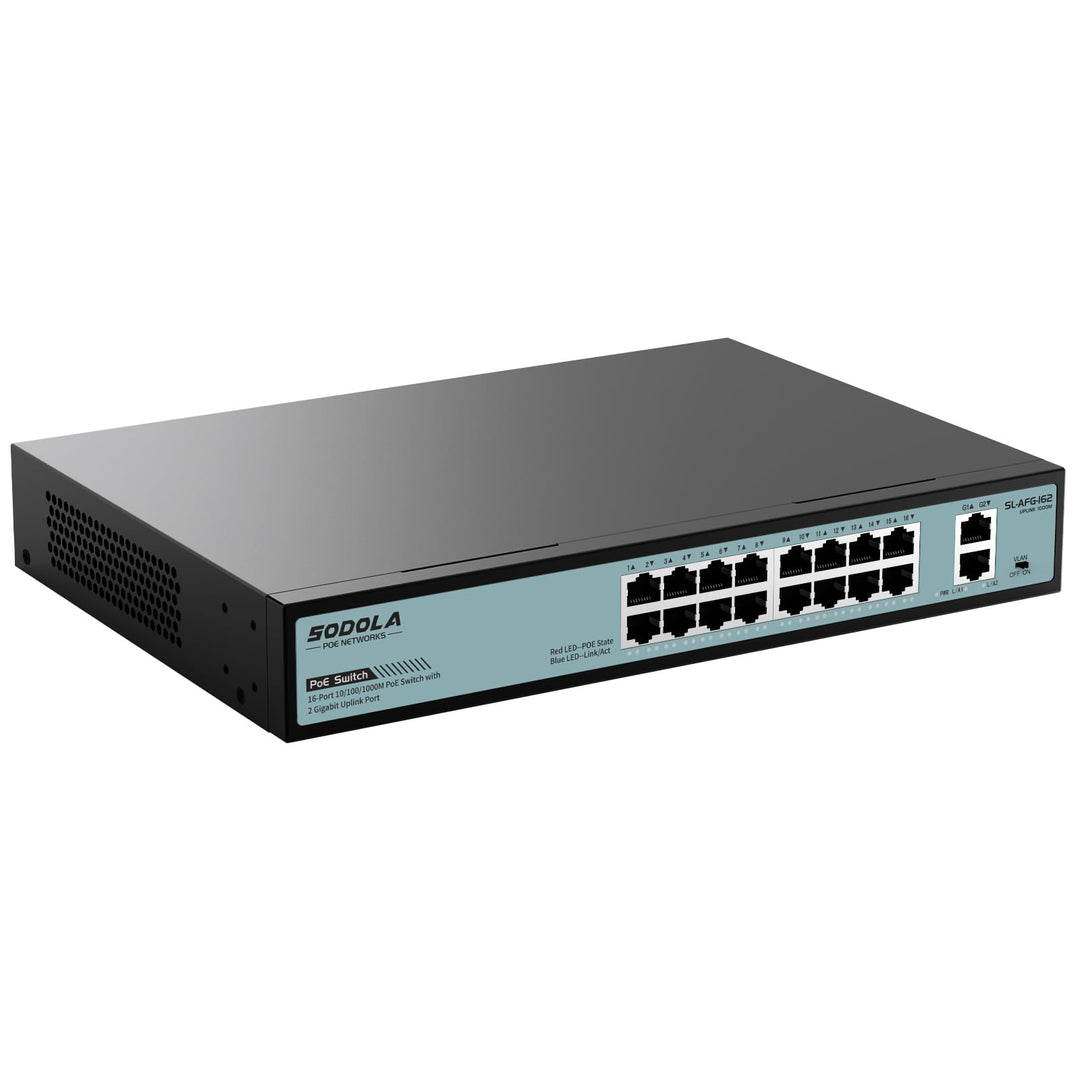 SODOLA 16-Port Gigabit PoE Switch mit 2 Uplink Gigabit Ports, 18-Port Unmanaged Ethernet PoE Switch