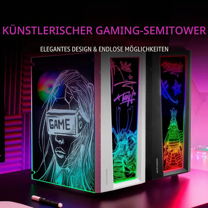 MarsGaming MC-Art Schwarz, PC Gaming ATX Gehäuse, Doppelt Zeichnbar Gehärtetes Glas, ARGB 12 Mode, 1