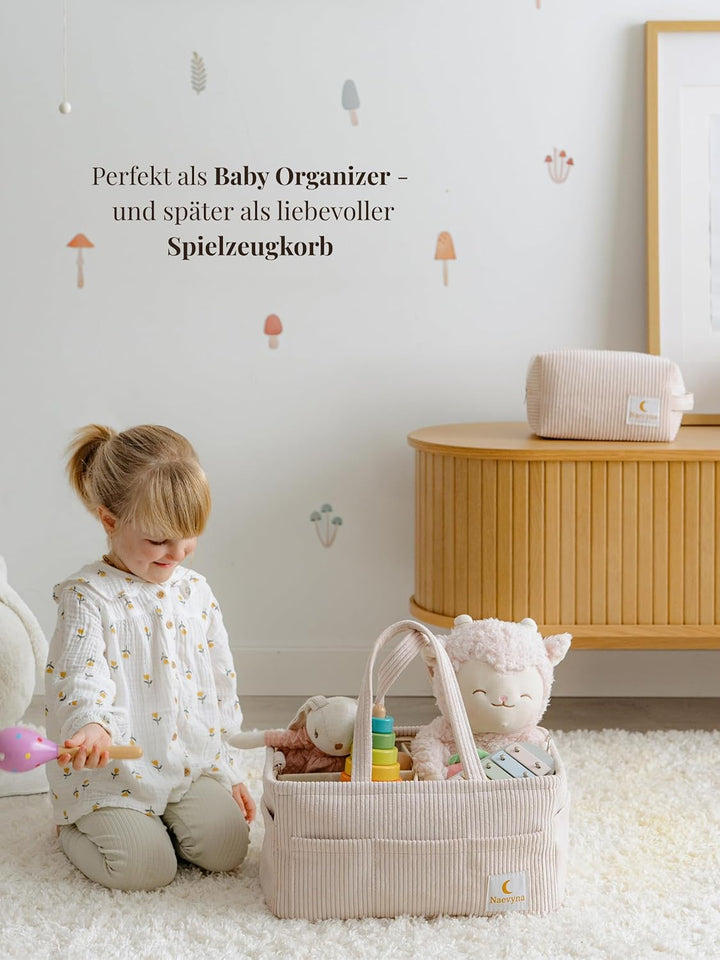 Wickelkorb Organizer aus Cord Set 2 in 1 mit Schultergurt und Windeltasche – Wickeltisch Organizer B