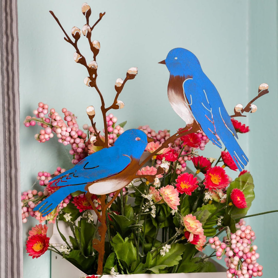 Vogel Gartenstecker 58cm Hoch Metall Bemalte Vogel Gartendeko für Draussen, Blaue Vögel auf Zweigen