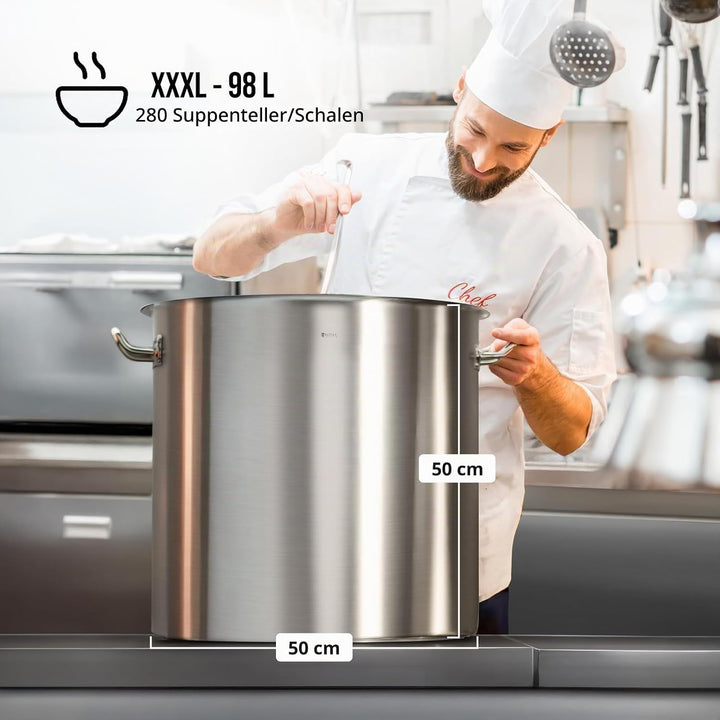 Royal Catering Induktionstopf Suppentopf mit Deckel RCST-98LI-E (98L, Edelstahl, Schüttrand, für Ind