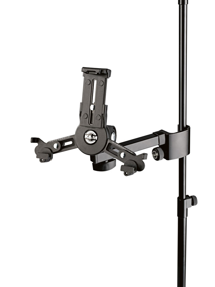 K&M 19796 Tablet-PC-Halter Schwarz - Zubehör für Mikrofon-Stativ e, neigbar- flexibel geeignet für g