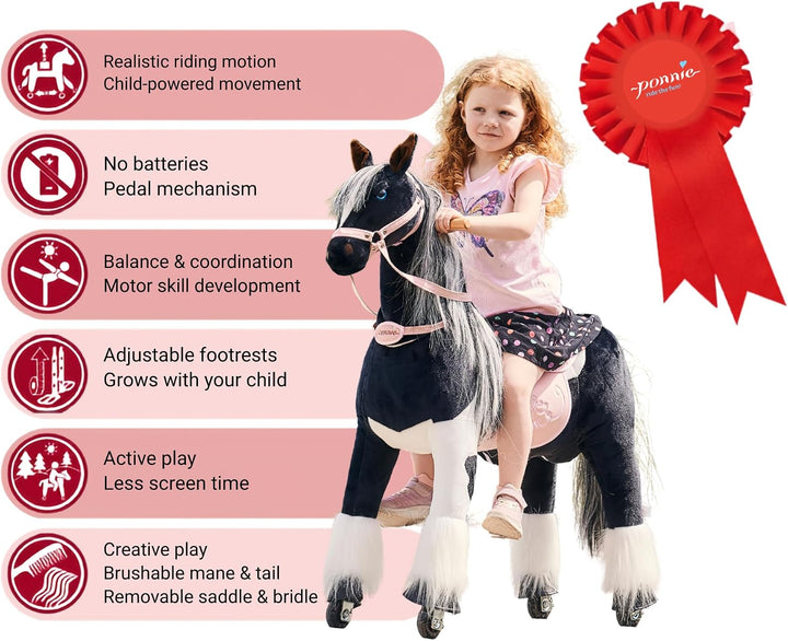 PONNIE Reitpferd mit Rollen Domino M (5-12 Jahre), Spielpferd zum Reiten mit Abnehmbarer Rosa Sattel