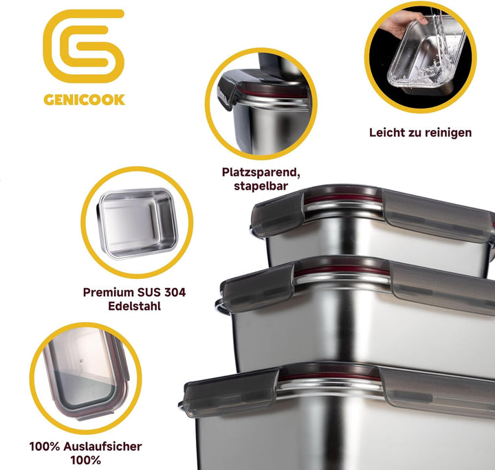 GENICOOK Frischhaltedosen aus Edelstahl /Luchbox mit luftdichtem Deckel 3er Set / Meal Prep Vorratsd