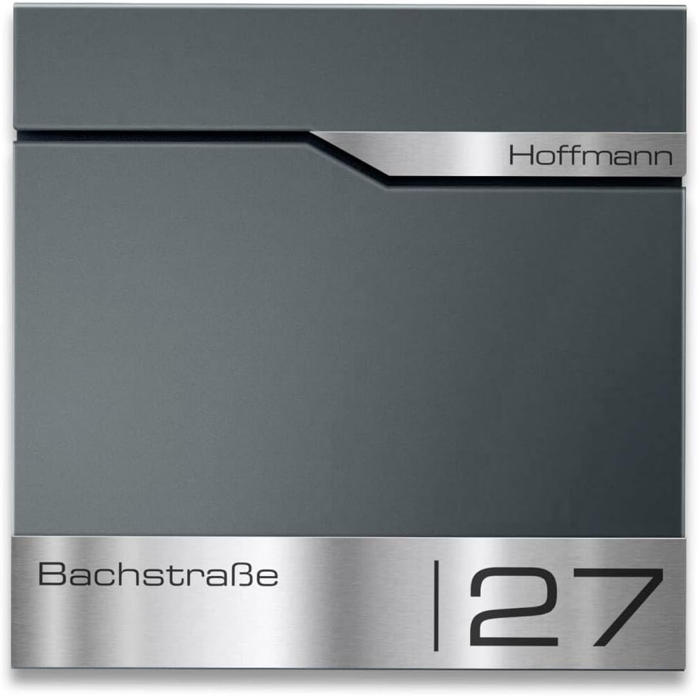 Metzler Briefkasten Basaltgrau RAL7012 mit Zeitungsfach, personalisiert mit Edelstahl V2A Namensschi
