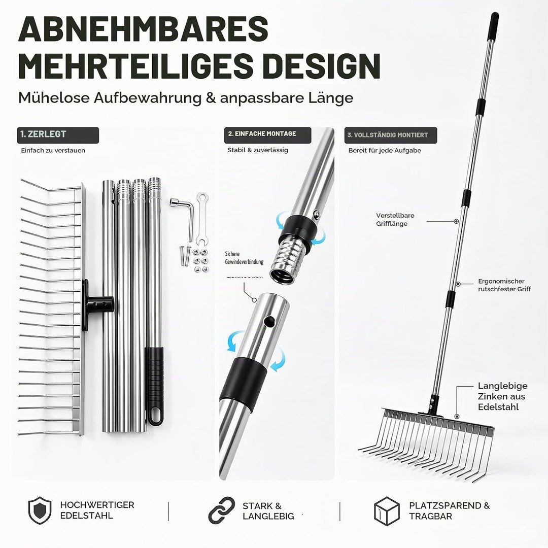 Premium Rasenrechen Edelstahl 160cm - Gartenharke mit 21 stabilen Zinken &amp; 40cm Arbeitsbreite | Manu