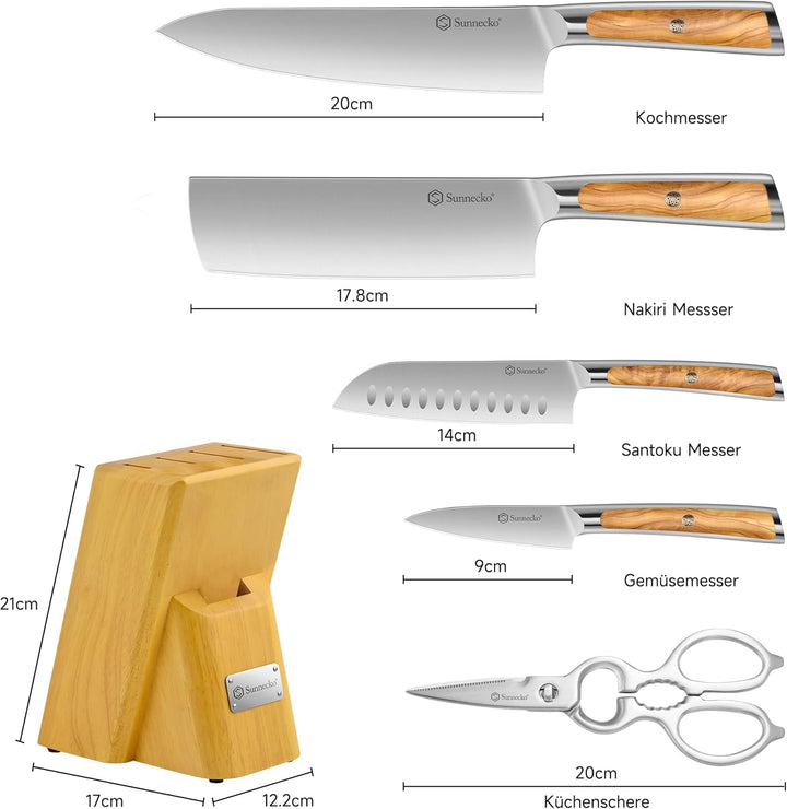Sunnecko Messerblock mit Messer -Messerset für Küche mit Holzblock, Küchenmesser set 6-tlg, Kochmess