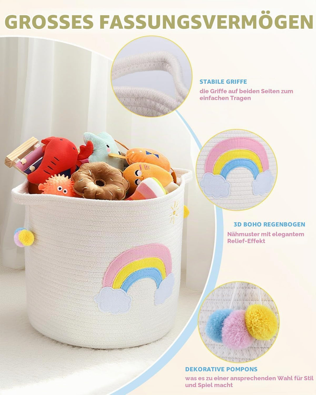 Aufbewahrungskorb Kinder mit Griffen, Wäschekorb Gewebter Baumwollseilkorb mit Stickerei Buntes Rege