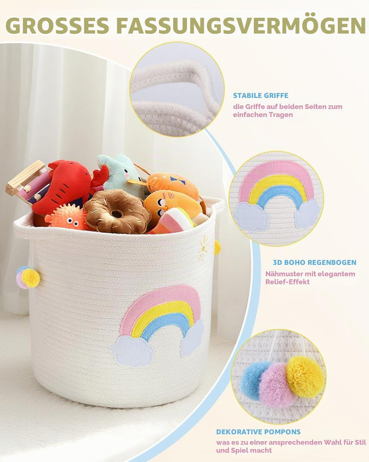 Aufbewahrungskorb Kinder mit Griffen, Wäschekorb Gewebter Baumwollseilkorb mit Stickerei Buntes Rege