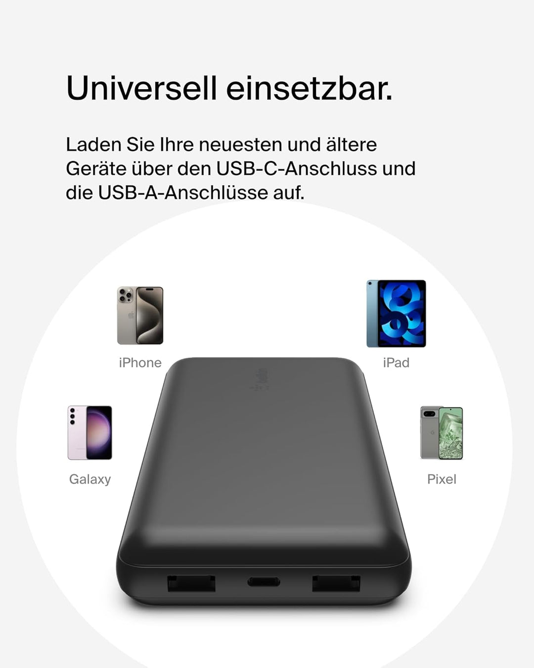 Belkin tragbares USB-C-Ladegerät, 20.000 mAh, 20K Powerbank mit USB-C-Ein-/Ausgang und 2 USB-A-Ansch
