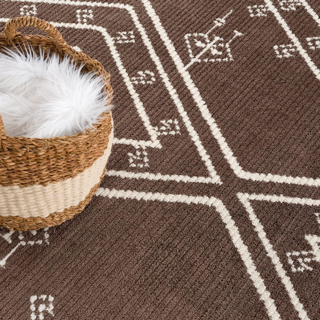 payé Teppich Läufer Ethno Berbermuster - Braun 80x300cm - Hochflor weich Boho Schlafzimmer Flur Deko