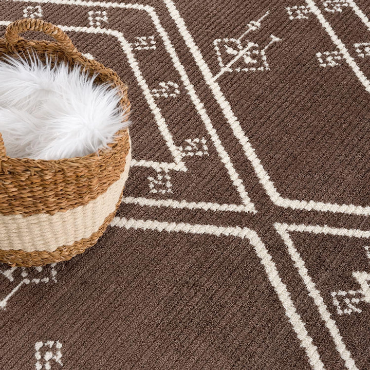 payé Teppich Läufer Ethno Berbermuster - Braun 80x300cm - Hochflor weich Boho Schlafzimmer Flur Deko