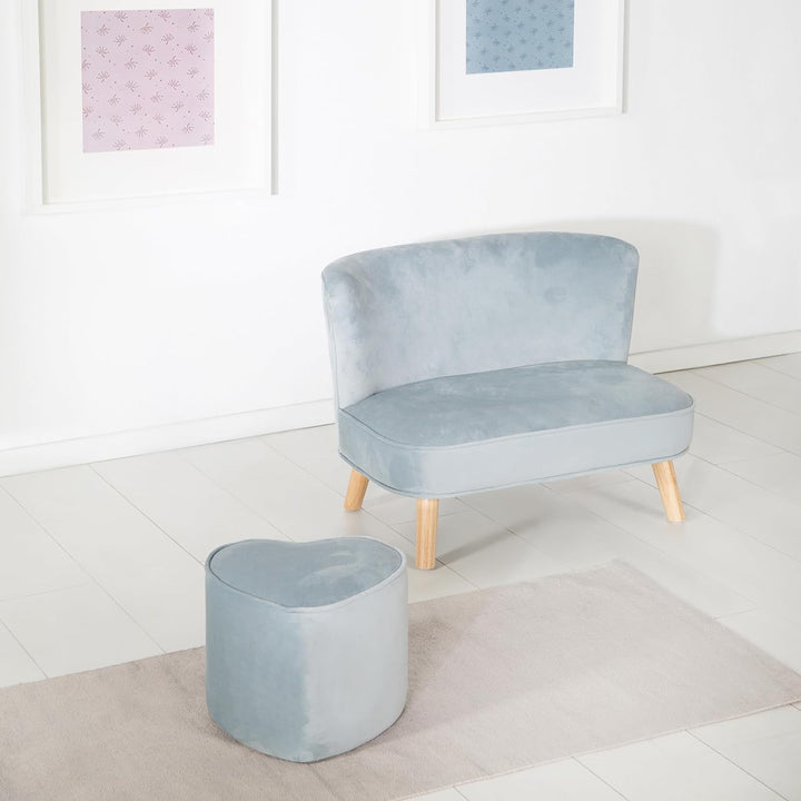 roba Kinderhocker Lil Sofa in Herzform - Bequemer Hocker in blauem Samtstoff - Polstermöbel Pouf für