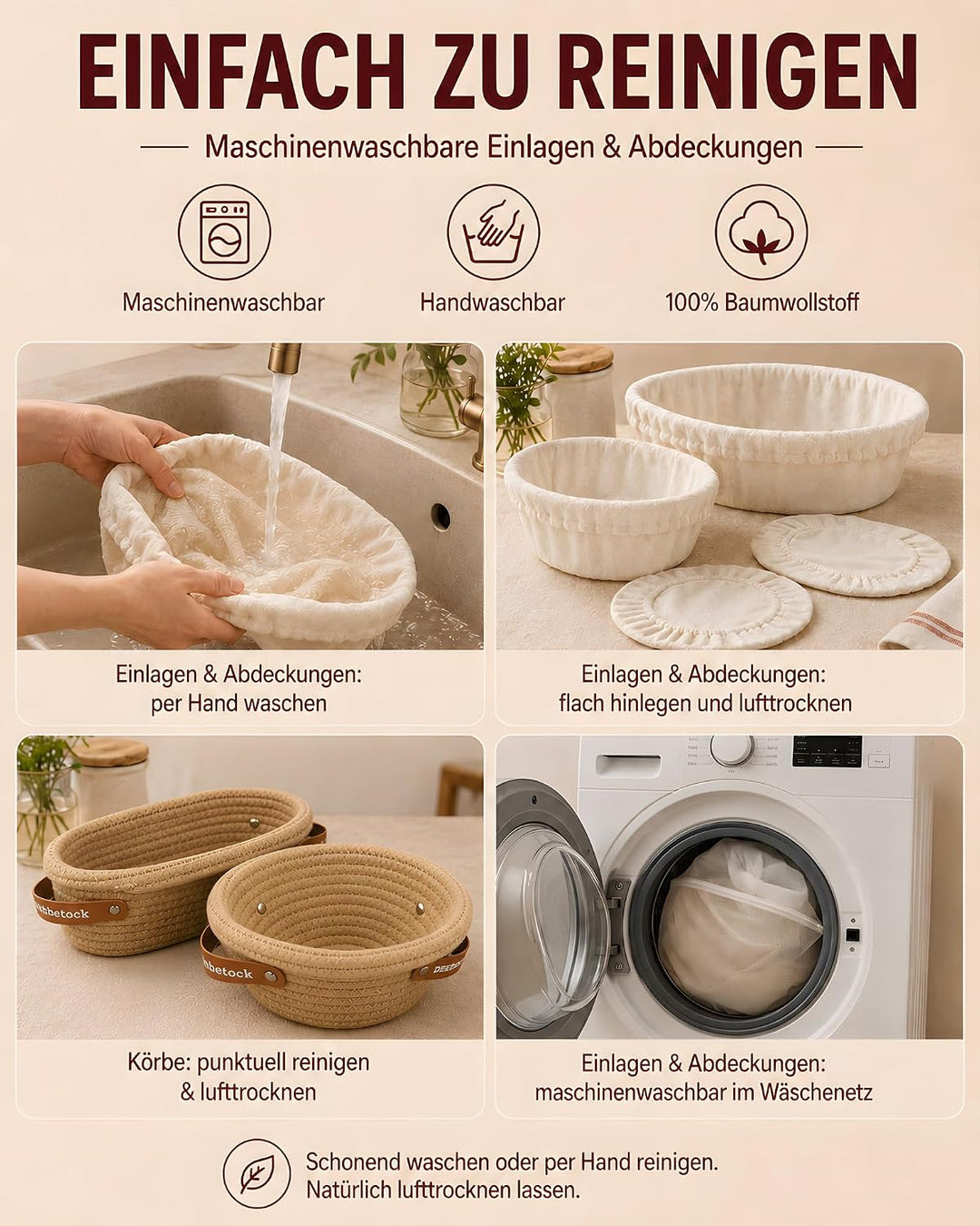 Banneton Gärkörbchen Set Sauerteig, Brot Gärkorb Set aus Baumwollseil mit 23 cm rundem Gärkörbchen u