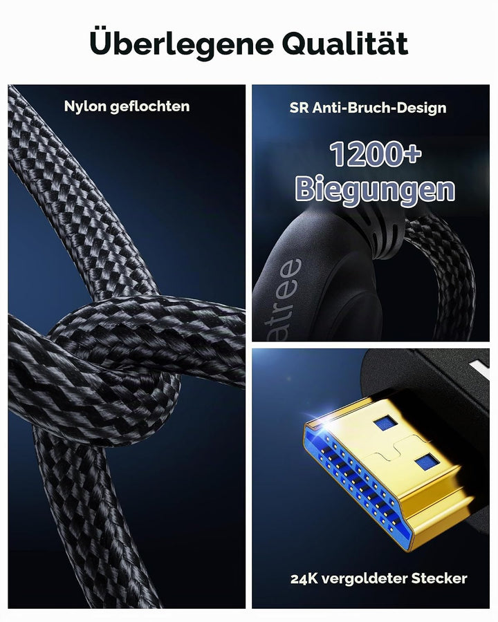 8K HDMI Kabel 4 Meter - High Speed HDMI Kabel 48Gbps, 8K 60Hz, 4K 120Hz, Geflochten, eARC, ARC, HDCP