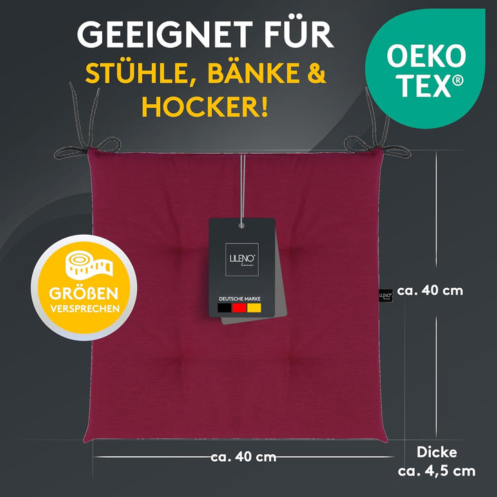 LILENO HOME 2er Set Stuhlkissen Bordeaux (40x40x4,5 cm) - Sitzkissen für Gartenstuhl, Küche oder Ess