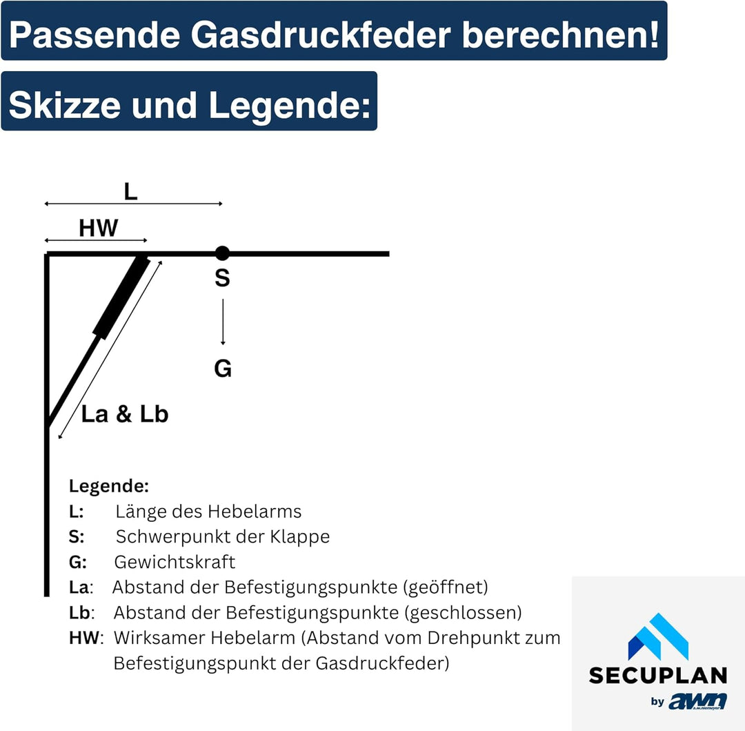 Secuplan Gasdruckfeder 600 mm, 255 mm Hub, 200 N, Ø 8/6 mm, abnehmb. Augen Gasdruckdämpfer, Gasfeder