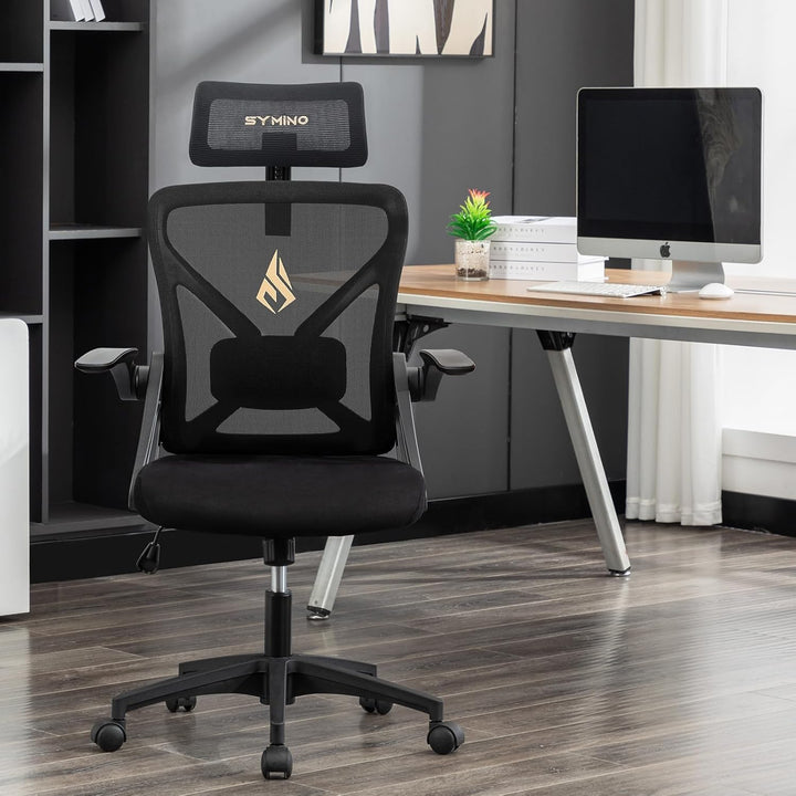 symino Bürostuhl, Bürostuhl Ergonomischer mit Verstellbarer Kopfstütze, Armlehnen, Lordosenstütze, d