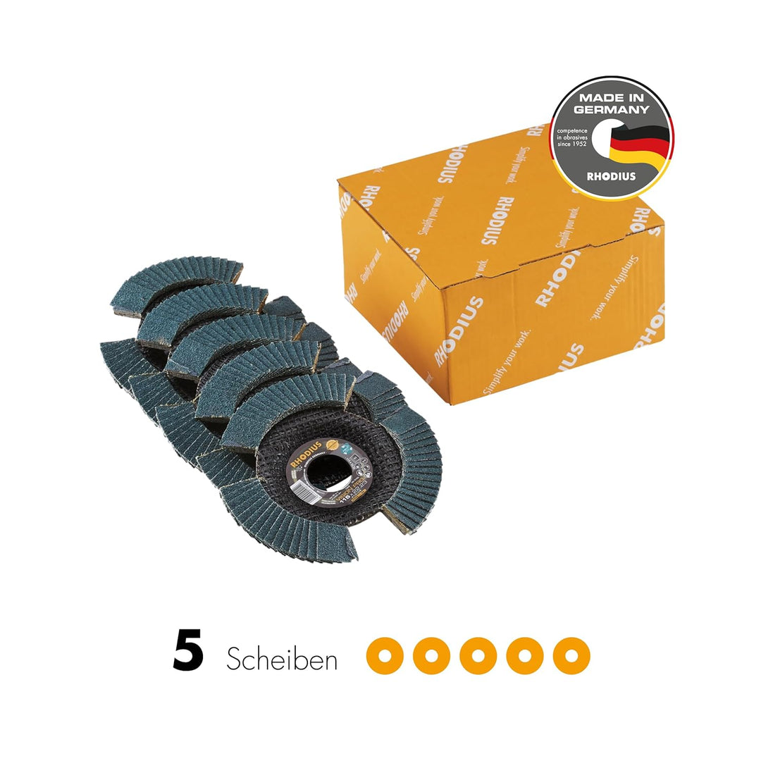 RHODIUS VISION PRO, 5 Stück Ø 115 mm K80 Fächerscheiben durchsichtig, Made in Germany, Metall Edelst