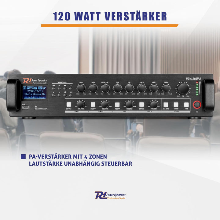 Power Dynamics PDV120MP3 4 Zonen Receiver 120 Watt, Verstärker mit Bluetooth und MP3, USB, SD, UKW R
