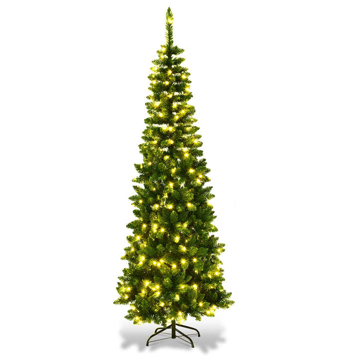 COSTWAY 135/200/225cm Bleistift Weihnachtsbaum mit warmweissen LED-Leuchten, künstlicher Tannenbaum
