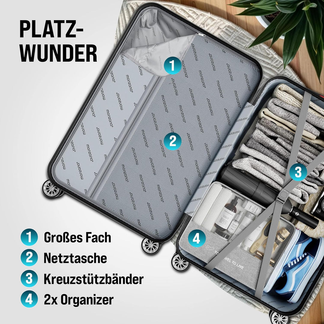 MONZANA® 3tlg. Kofferset Schloss Organizer Kofferwaage Gurt Gel-Griffe Zwillingsrollen Standfüsse Tr