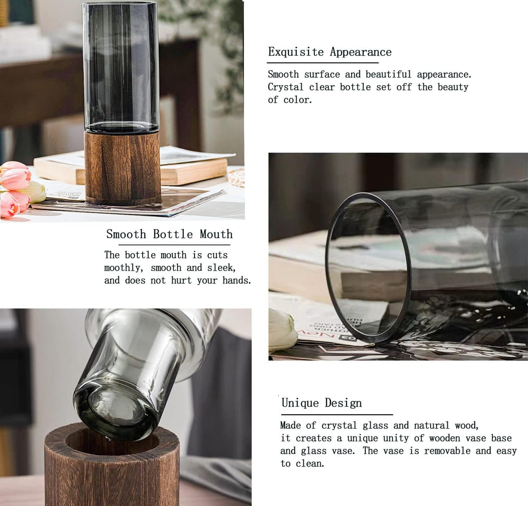 Glas Blumenvase Modern Zylinder Vase Handgefertigte kristallklare Glasvase mit Holzsockel Blumenblum