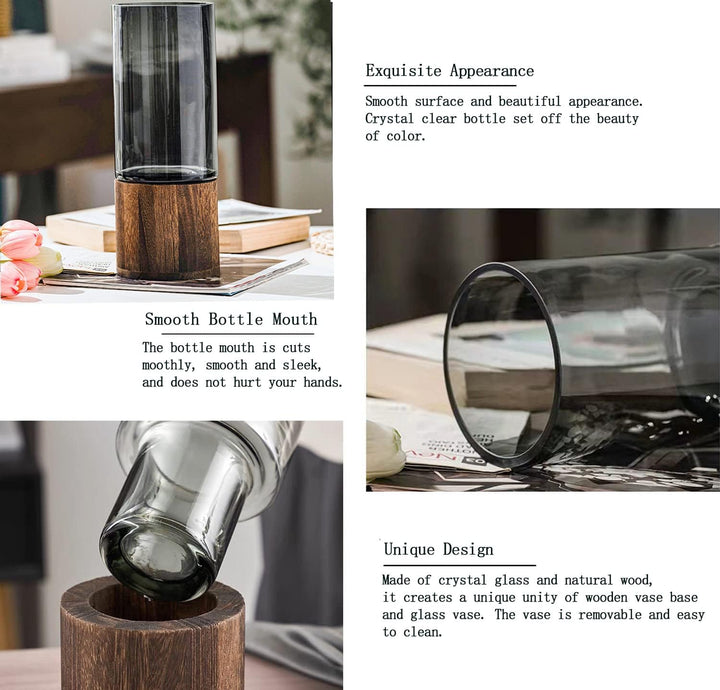 Glas Blumenvase Modern Zylinder Vase Handgefertigte kristallklare Glasvase mit Holzsockel Blumenblum