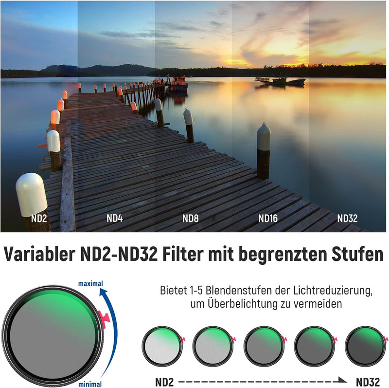 NEEWER 2 in 1 52mm Black Diffusion 1/4 Effekt mit ND2-ND32 Variable ND Filter kein X Kreuz Graufilte