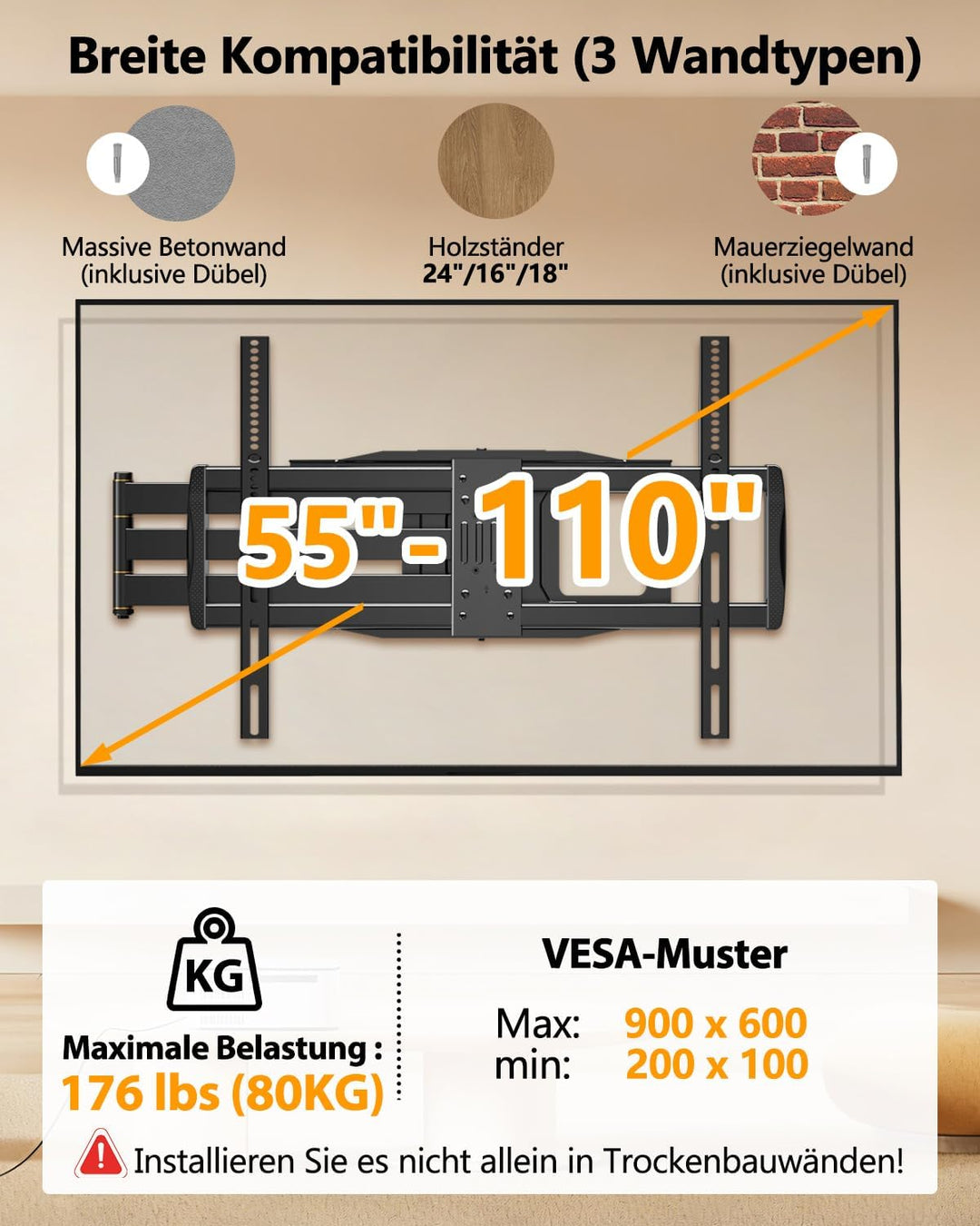 TV Wandhalterung mit 1090mm Langem Arm für 42-110 Zoll Fernseher bis 80kg WHYFONE Heavy Duty XXL Fer