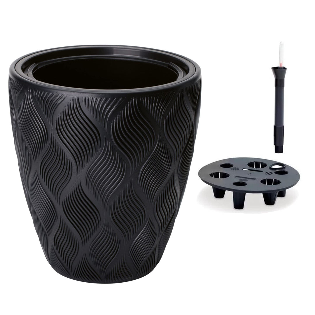 MELTOM Blumentopf mit Bewässerungssystem Rund Niedrig 3D Effekt Dekorativ, Farbe: Schwarz, DxH: 39 x