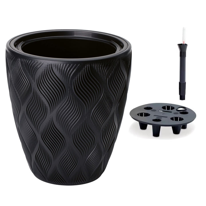 MELTOM Blumentopf mit Bewässerungssystem Rund Niedrig 3D Effekt Dekorativ, Farbe: Schwarz, DxH: 39 x