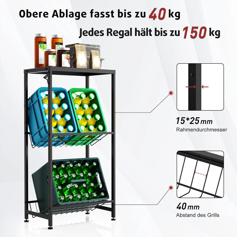 Rainsworth Getränkekistenregal Schmal mit Ablage Schwarz, mit Gitterhalterung aus Metall, 33T x 50B