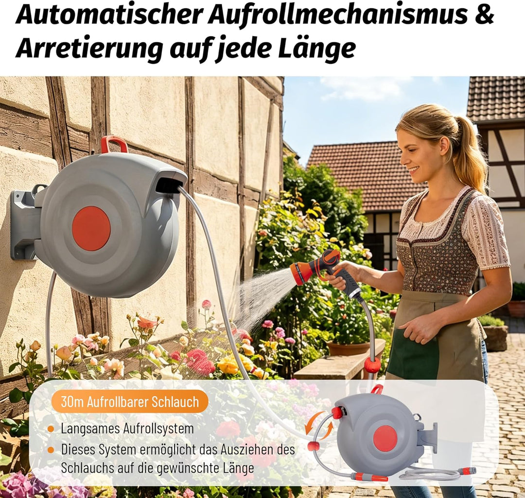 Schlauchbox RollUp 30 m – 180° Schwenkbare Schlauchtrommel, Flexible Bewässerung für Grosse Gärten,