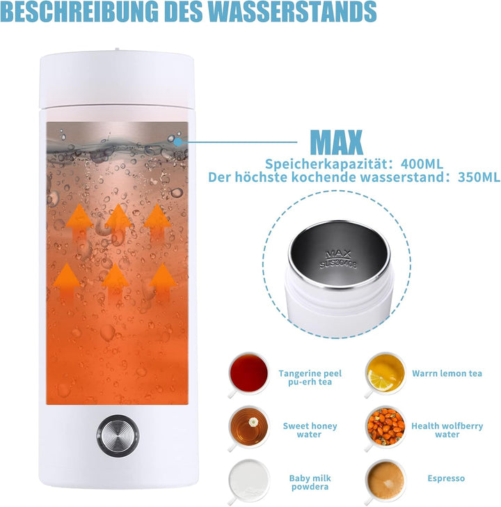 Unizooke Tragbarer Mini-Heizbecher,400ml ,220V Reise-Elektrisch-Wasserkocher,300W Vakuum,Für Milch,