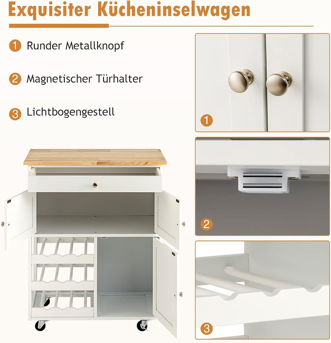 GOPLUS Küchenwagen auf Rollen, Servierwagen mit 1 Schublade 2 Schrank & Weinregal, Rollwagen aus Hol