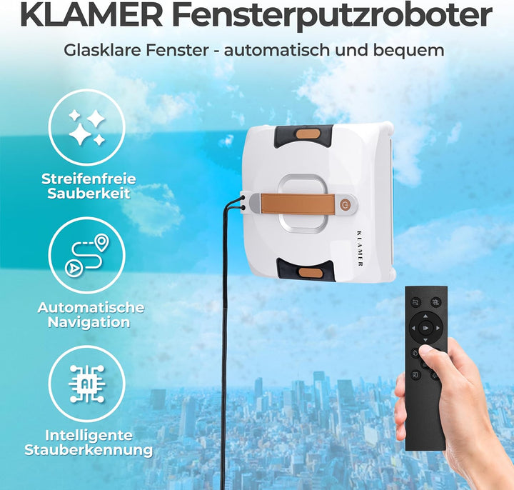 KLAMER Fensterputzroboter 3500 Pa – automatischer Fensterreiniger mit 100 ml Doppelwassertank, Nassr